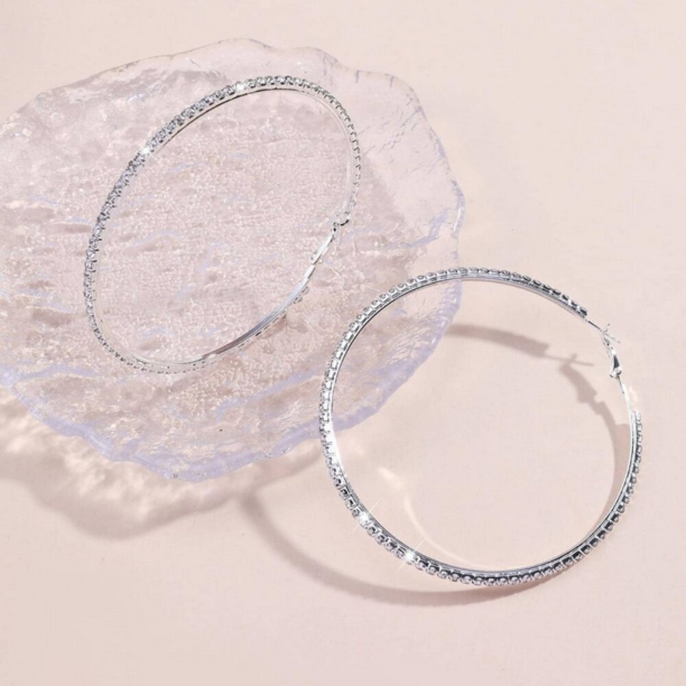 3" Large 925 Sterling Silver Womens 2ct Diamond Hoop Earrings 3 in Hoops Jewelry - Picture 2 of 5